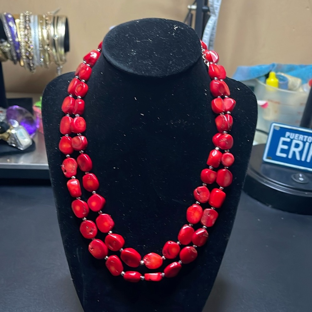 Double  natural red coral Statement Necklage